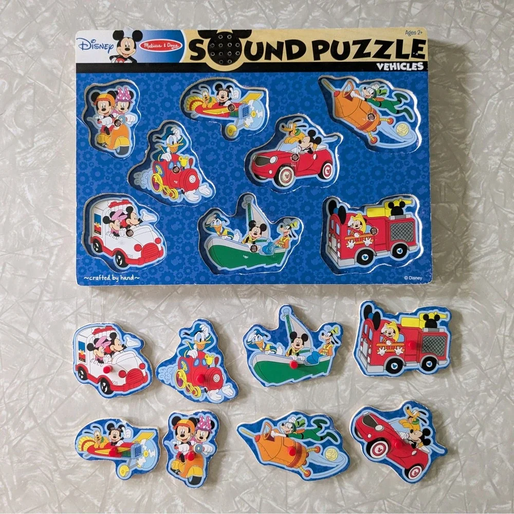 Melissa & Doug Disney Mickey Mouse Vehicles Wooden Peg Puzzle Sound Works! 8 pcs